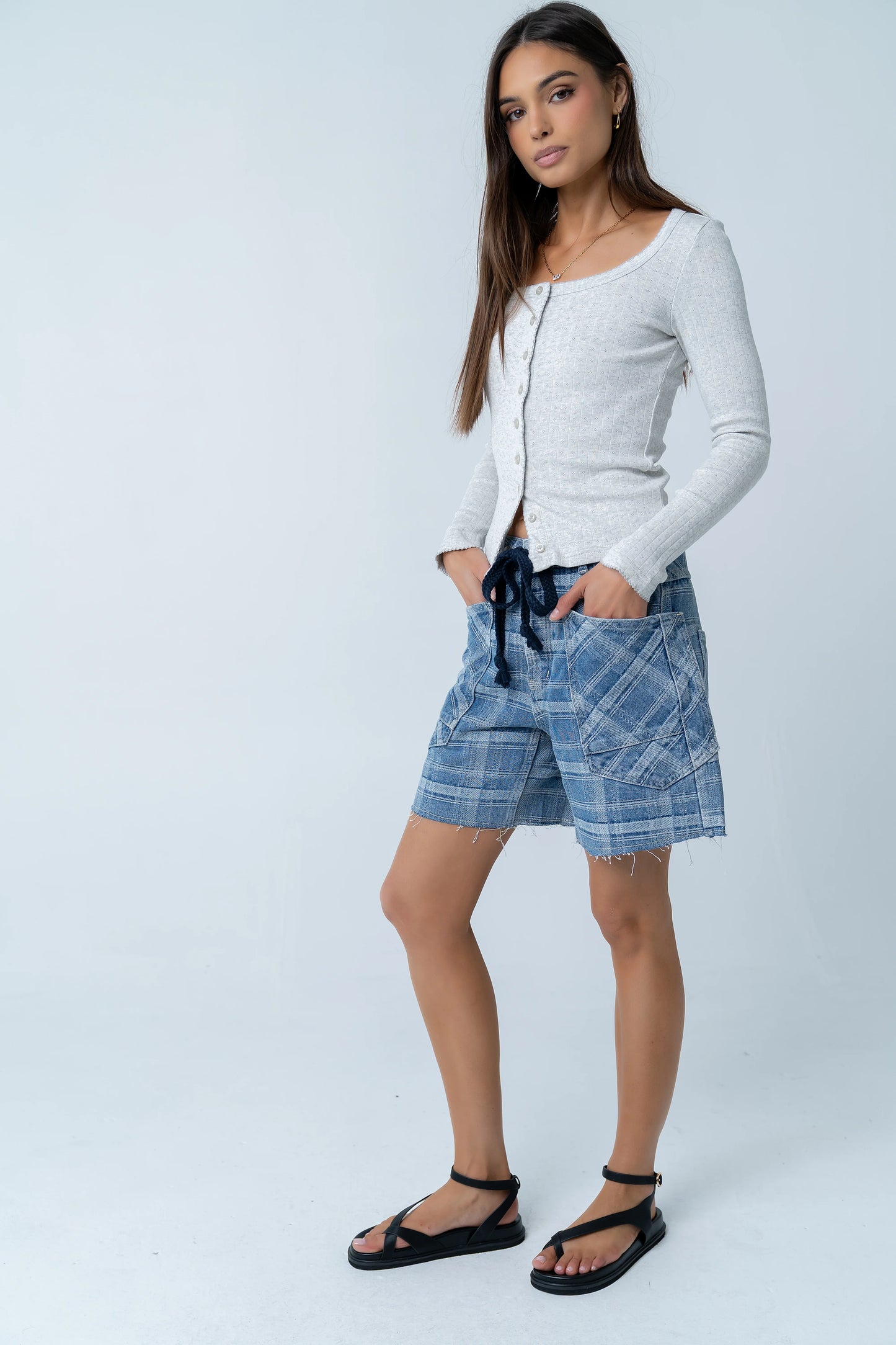 Roselyn Plaid Denim Shorts