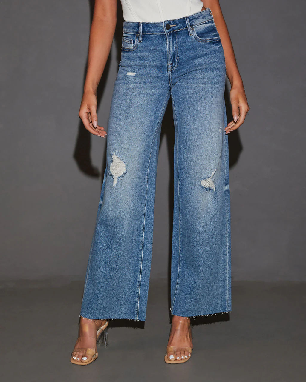 Cooper Super Stretch High Rise Wide Leg Distressed Jeans