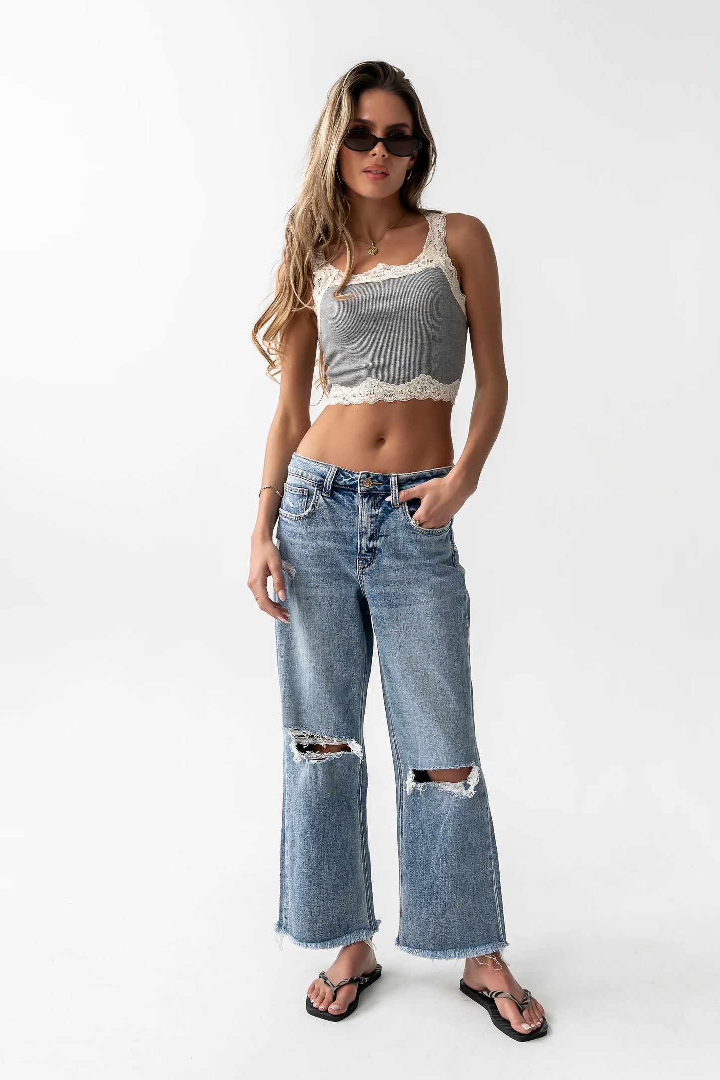 Haiden Lace Trim Tank in Grey