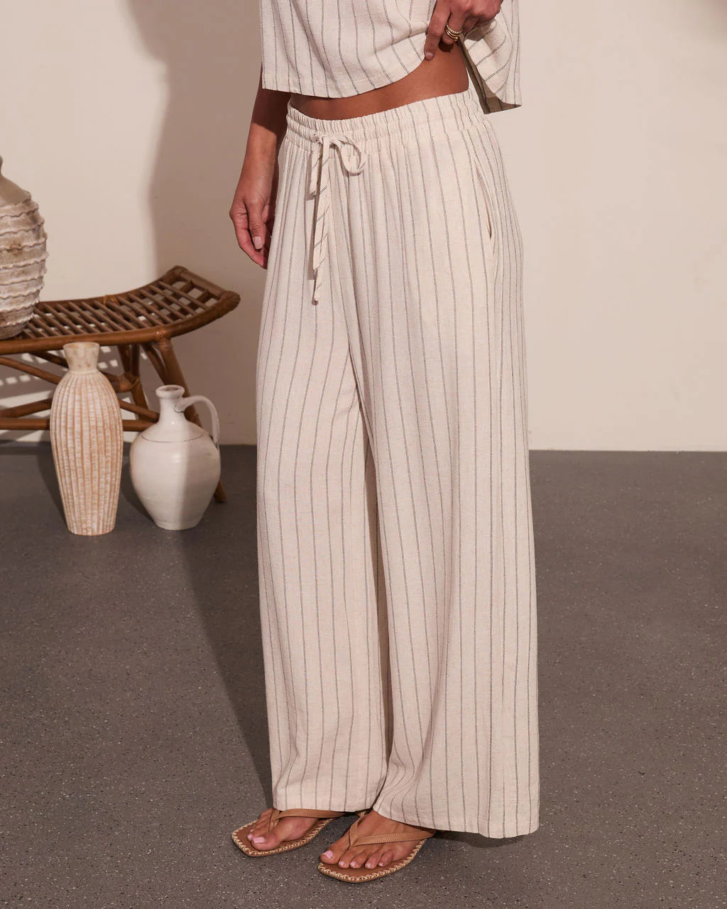 Lainee Striped Drawstring Linen Blend Wide Leg Pants