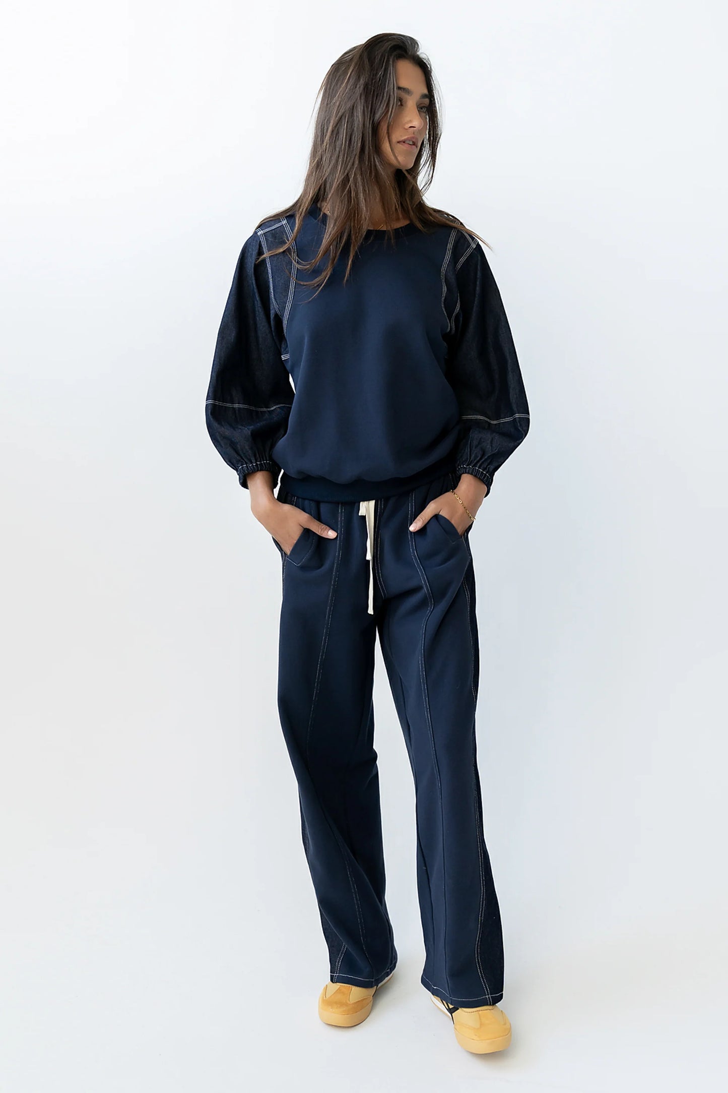 Malinda Mixed Media Baggy Pants in Dark Wash