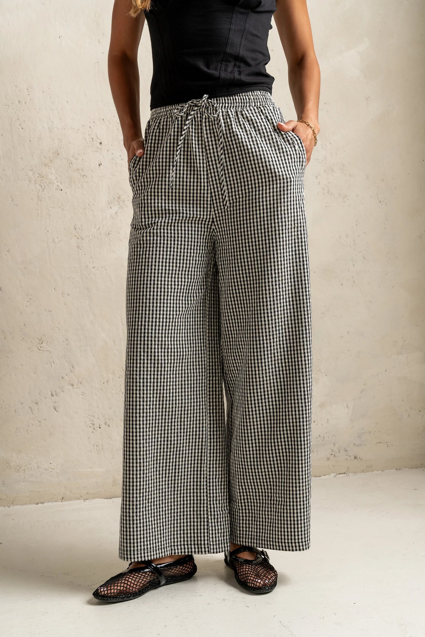 Ada Gingham Wide Leg Pants in Black