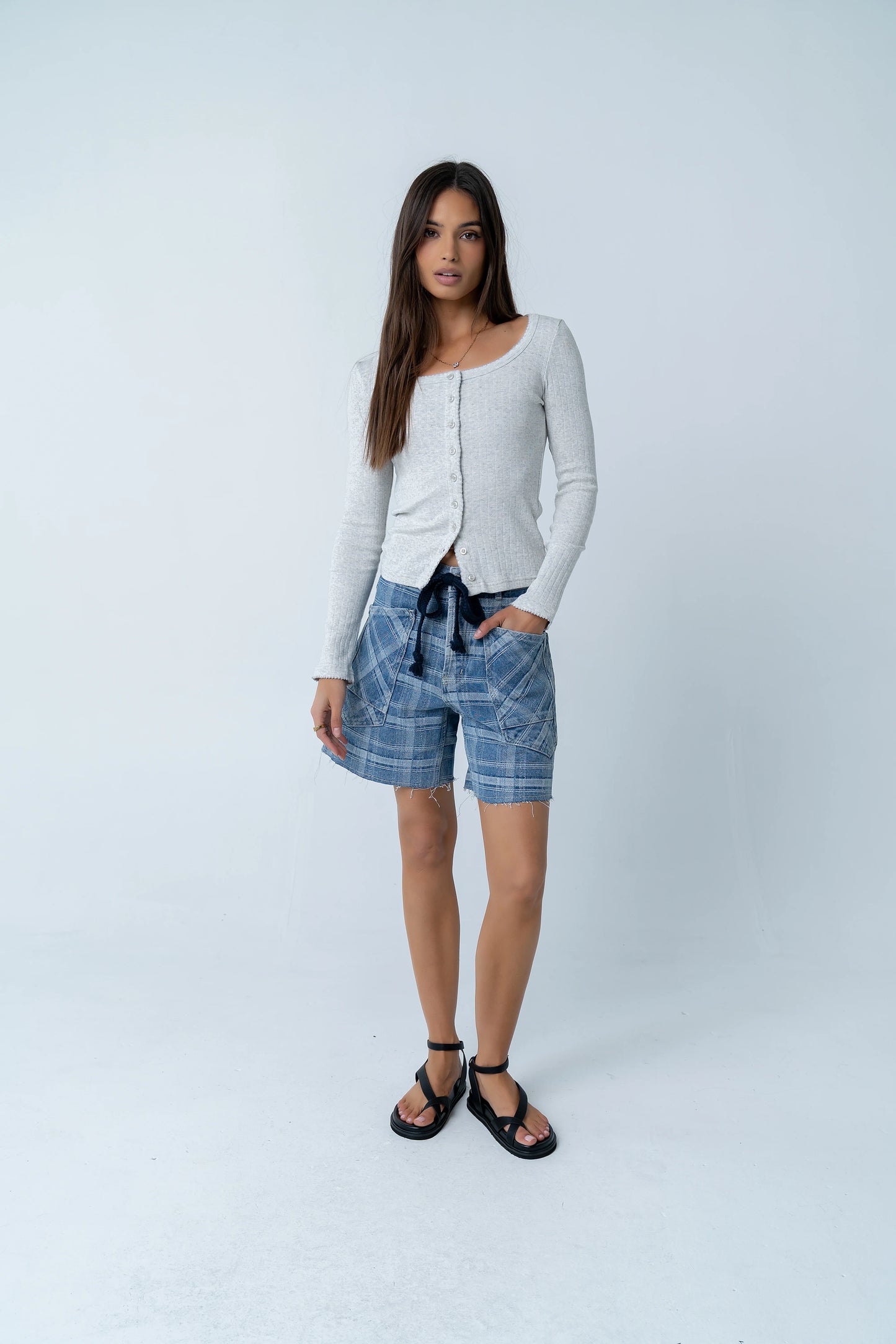 Roselyn Plaid Denim Shorts