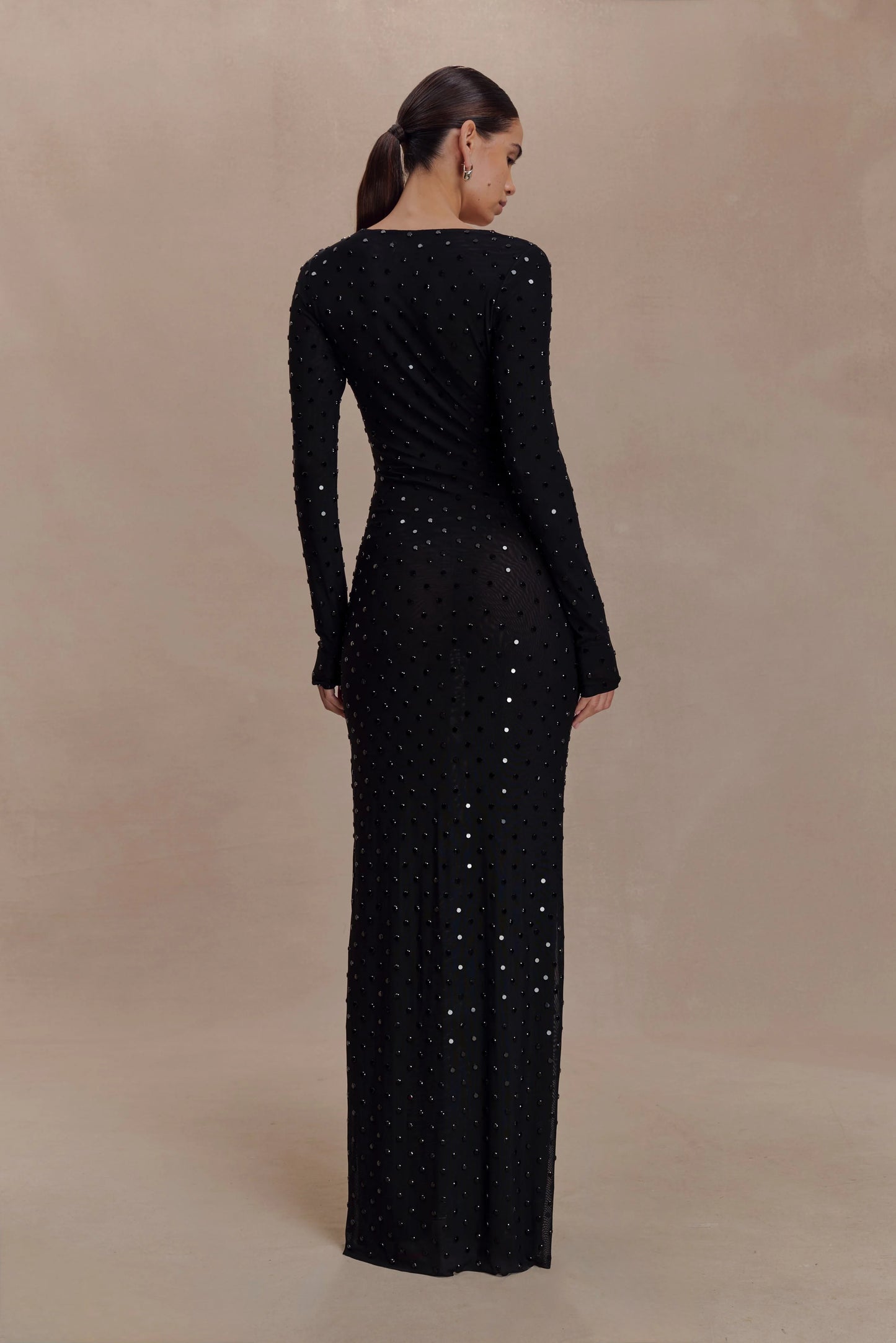 Acadia Diamante Long Sleeve Maxi Dress - Black