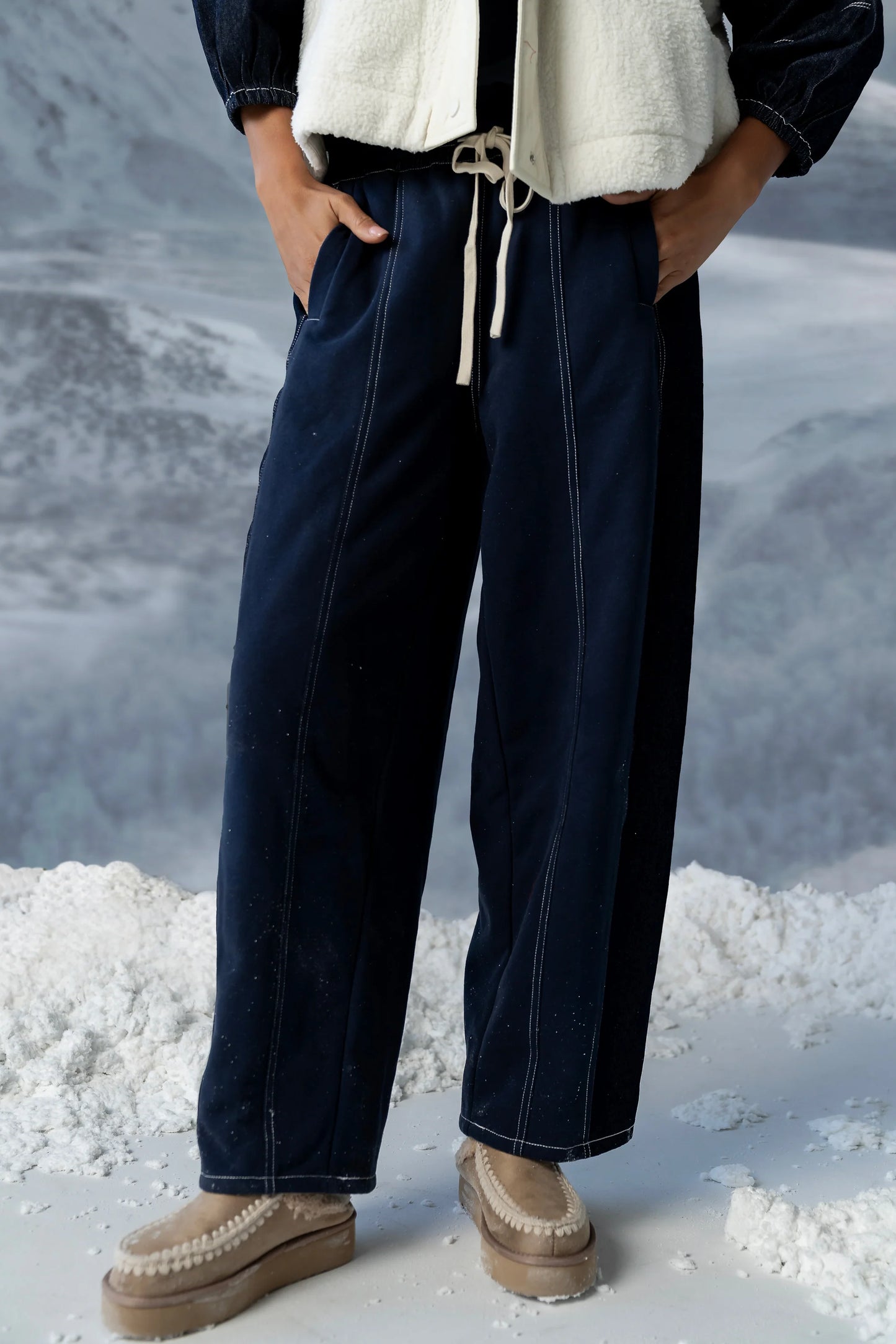 Malinda Mixed Media Baggy Pants in Dark Wash