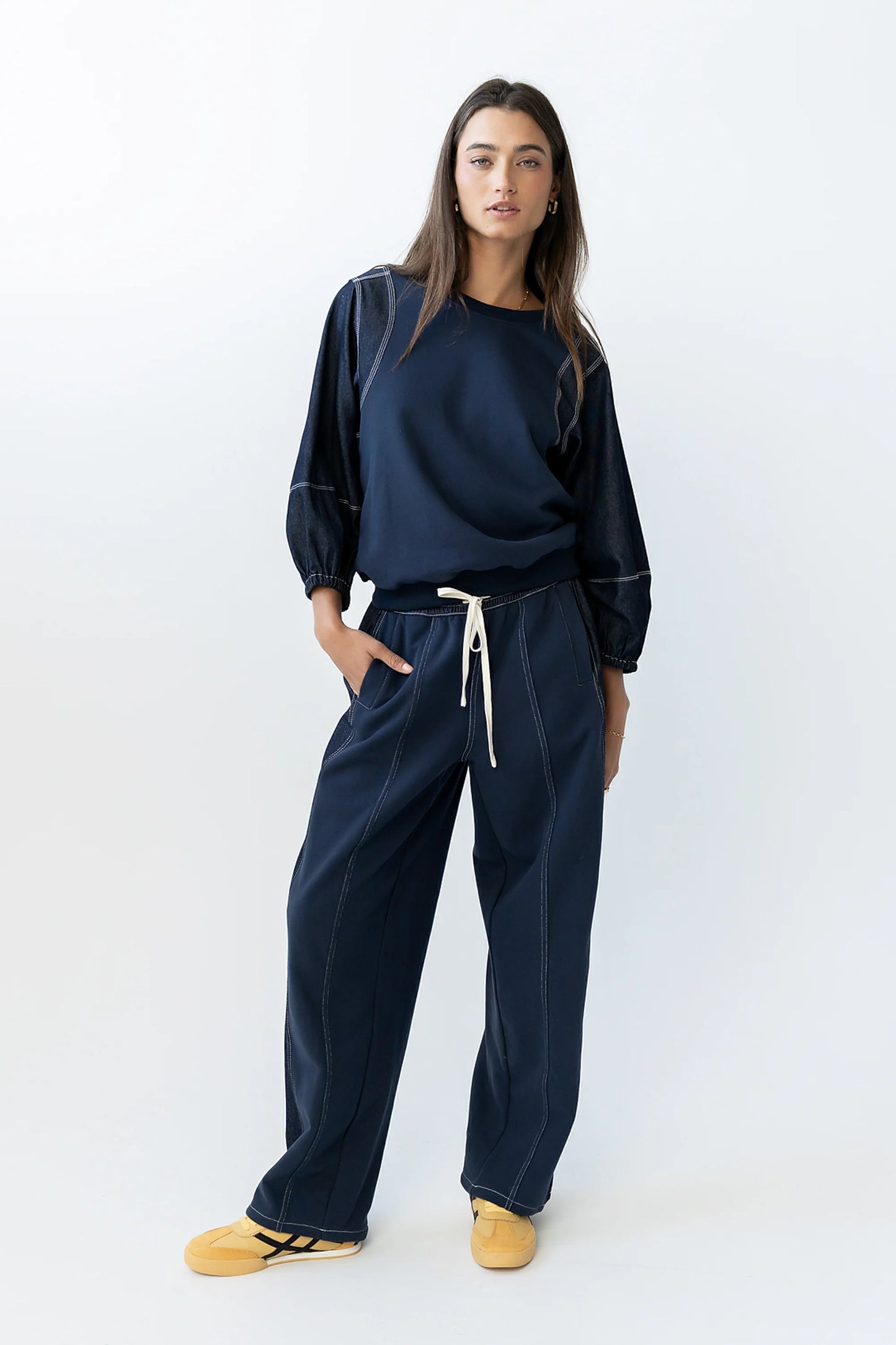 Malinda Mixed Media Baggy Pants in Dark Wash