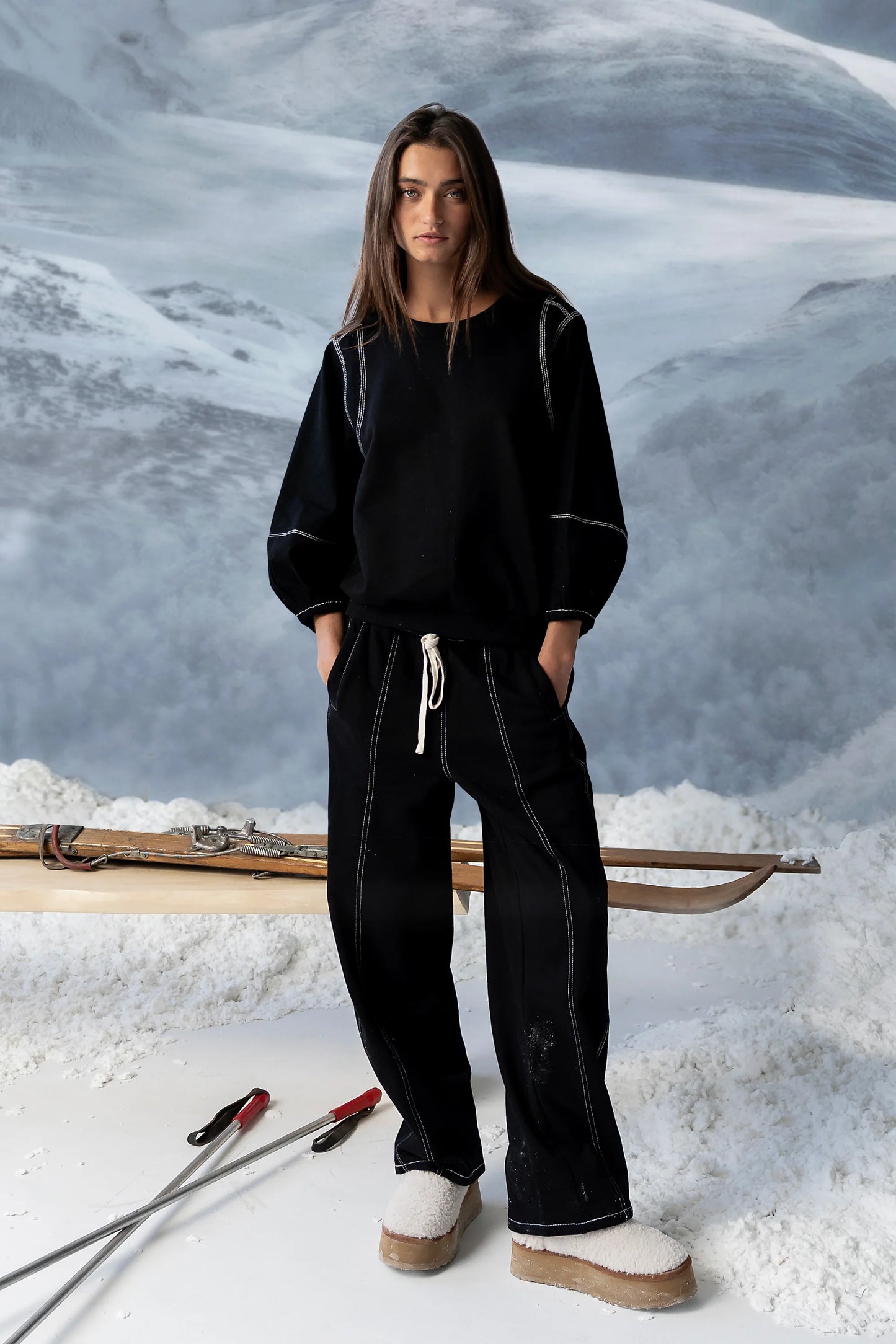 Malinda Mixed Media Baggy Pants in Black
