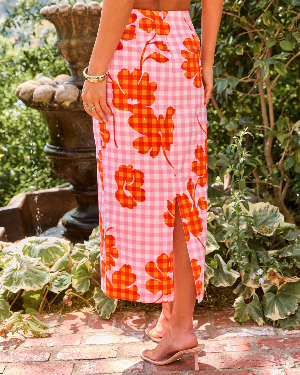Checked Romance Floral Gingham Print Midi Skirt
