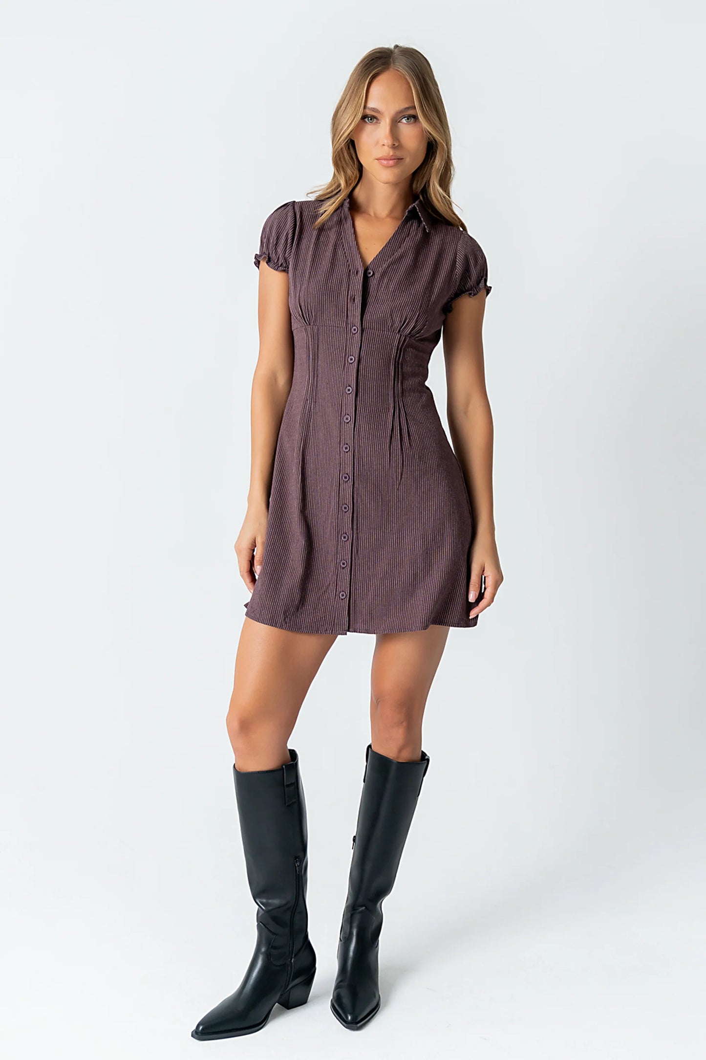 Lockie Pinstripe Mini Dress in Dark Brown