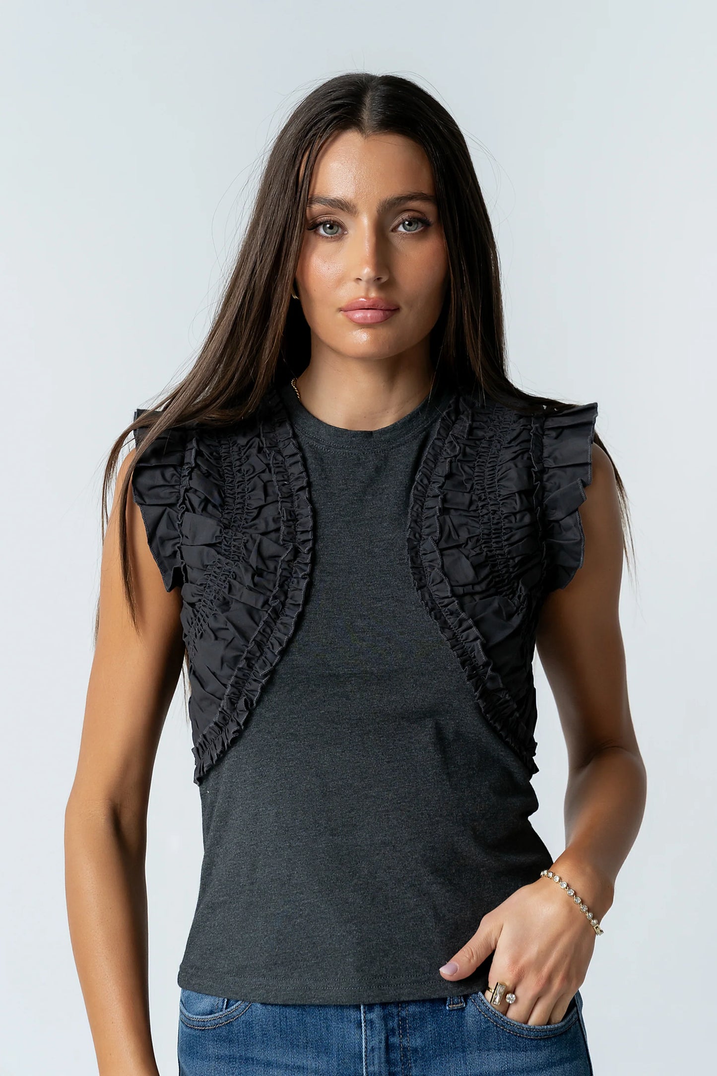 Storie Mixed Media Top in Charcoal