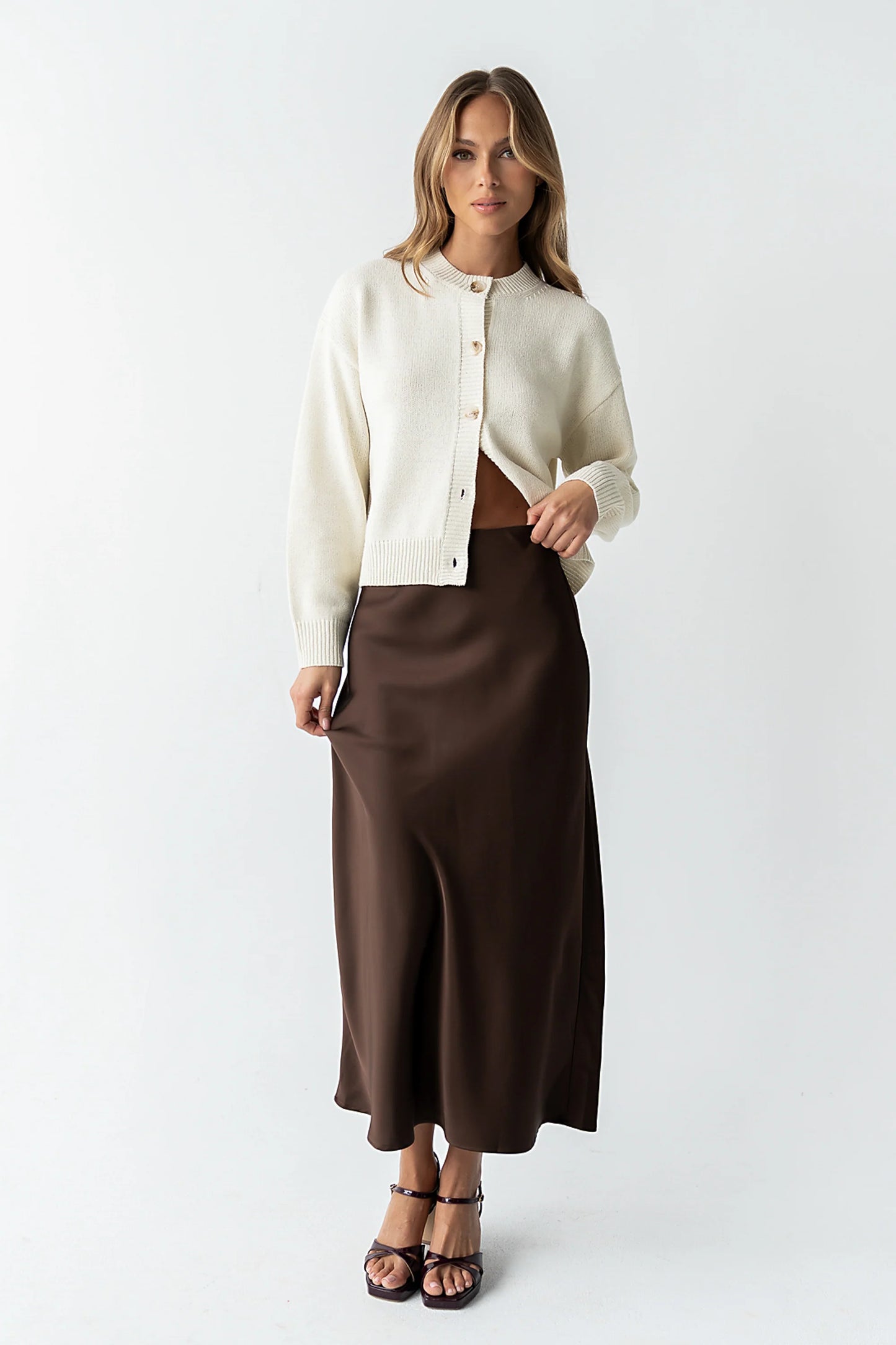 Tory Satin Maxi Skirt in Brown