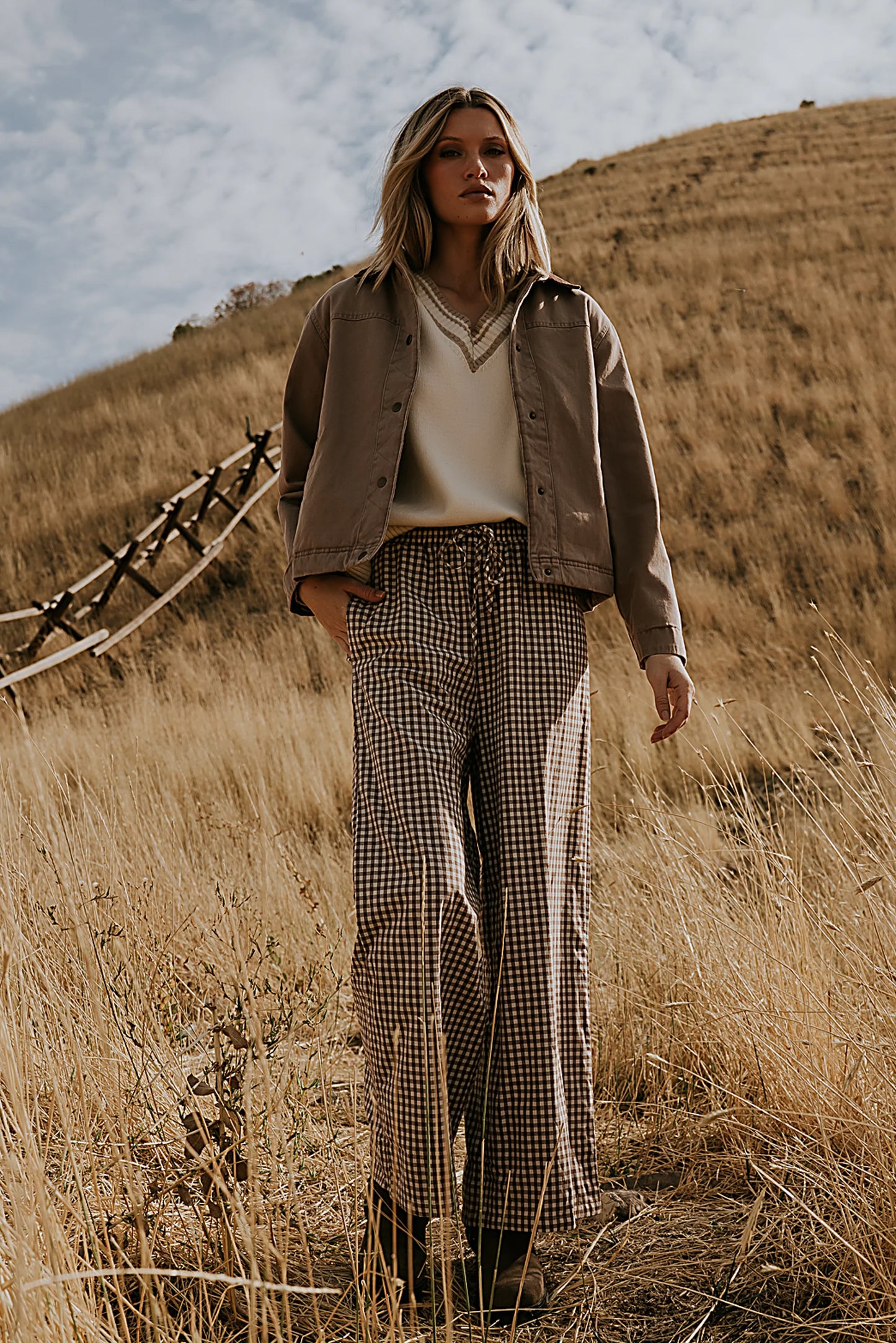 Ada Gingham Wide Leg Pants in Brown