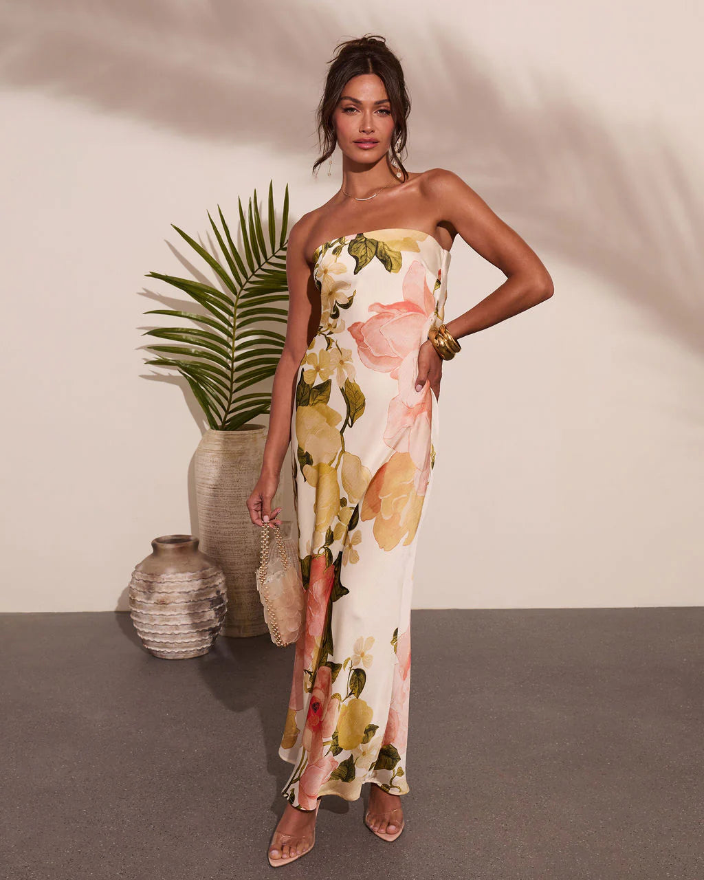Summer Reverie Strapless Floral Satin Maxi Dress