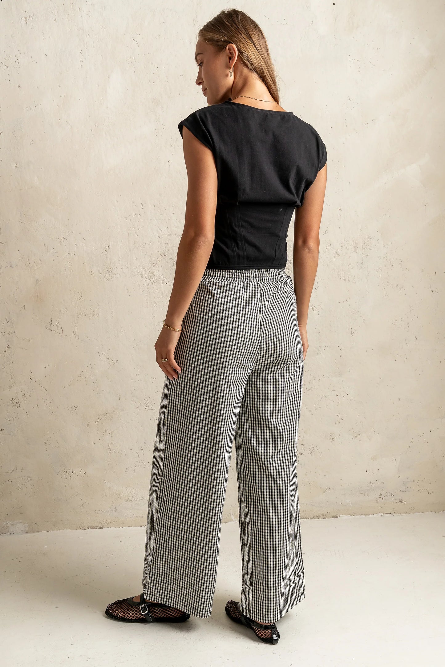 Ada Gingham Wide Leg Pants in Black