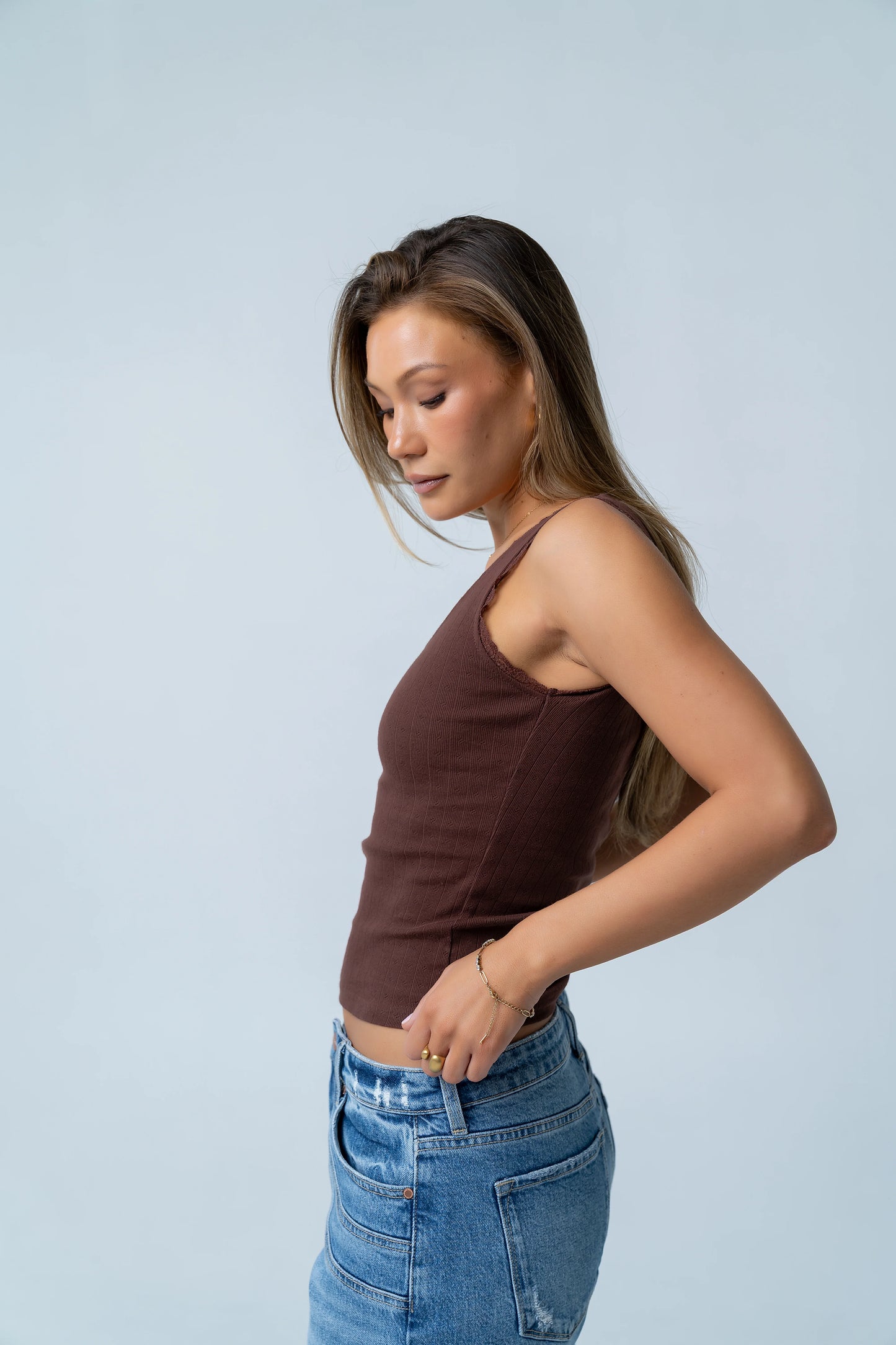 Mackie Lace Trim Tank in Brown