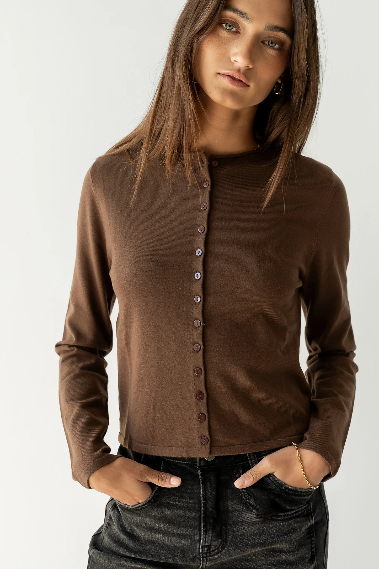 Maddy Button Up Cardigan in Brown