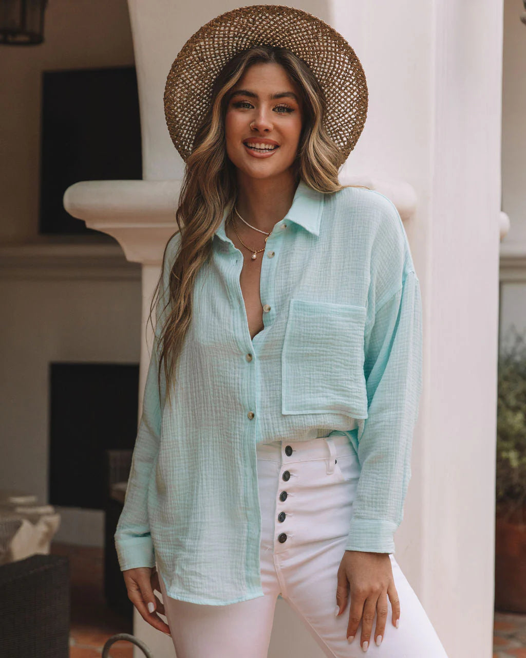 Sherlyn Satin Embossed Button Down Top